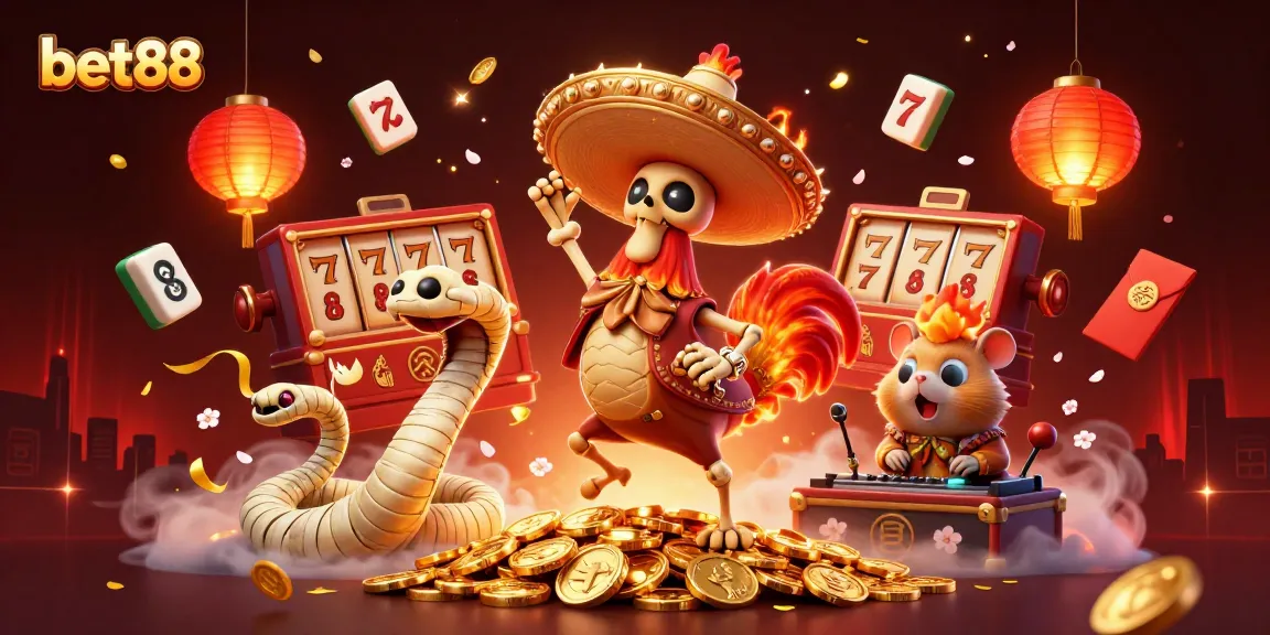 Bet88 showcases vibrant gaming dynamics in a lively 3D scene with festive characters celebrating wins.