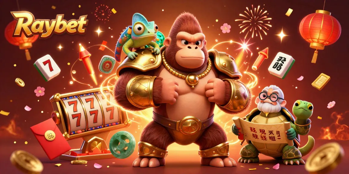 Experience the thrill of Raybet with a dynamic casino scene featuring a gorilla king and lucky symbols.