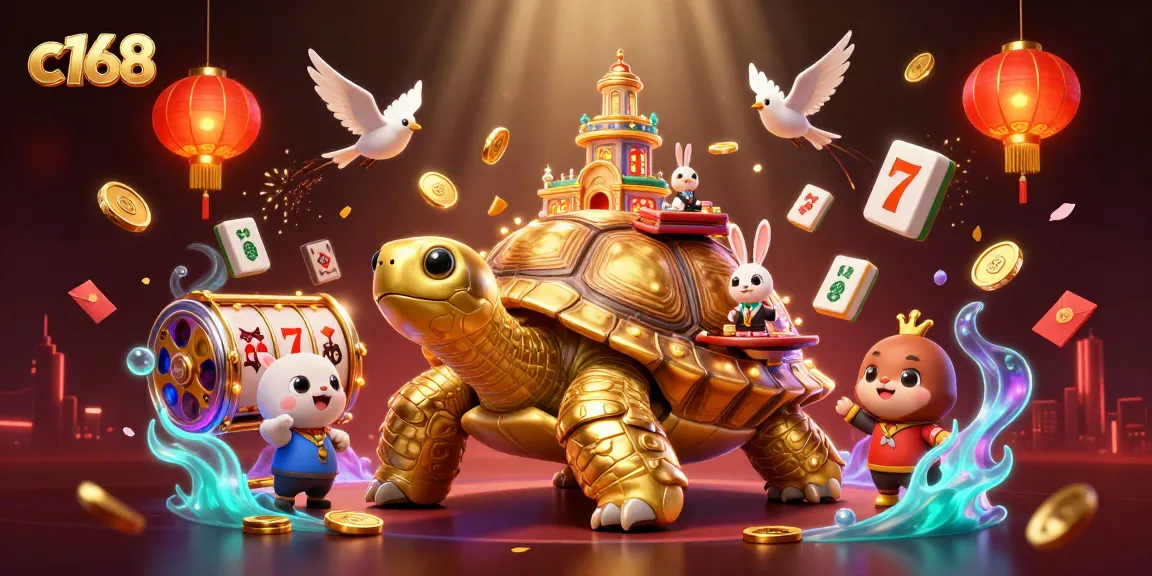 Engage in exciting gameplay at c168 with a giant tortoise casino and a rabbit dealer amidst vibrant 3D elements.