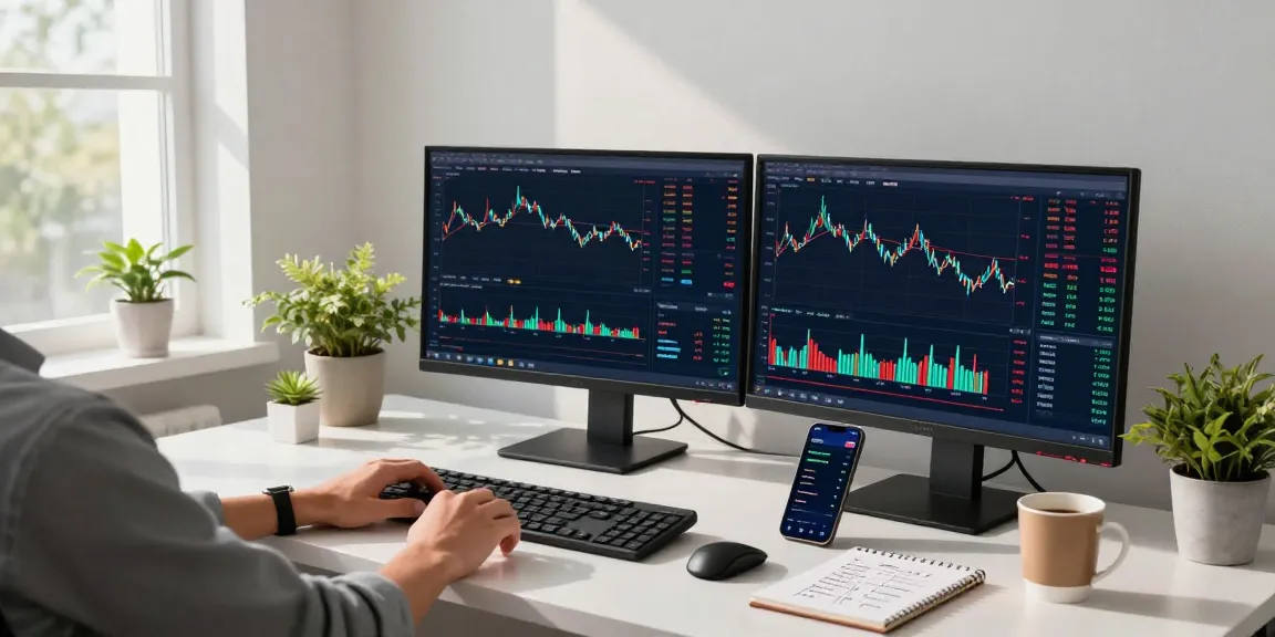Play exchange cryptocurrency trading setup with real-time charts, digital wallet, and trading tools in a modern office environment.
