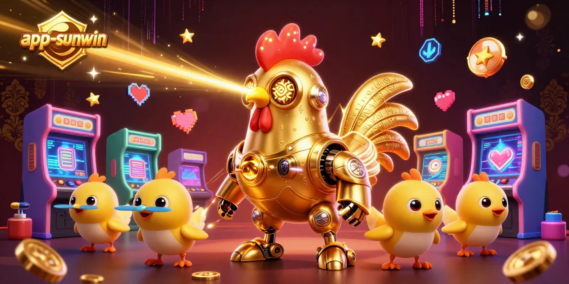 Engage with app-sunwin in a vibrant casino-themed 3D scene featuring gaming machines and colorful characters.