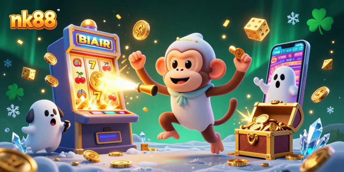 Enjoy exciting gameplay on nk88 as a playful poltergeist monkey juggles golden coins and cards in a bustling casino.