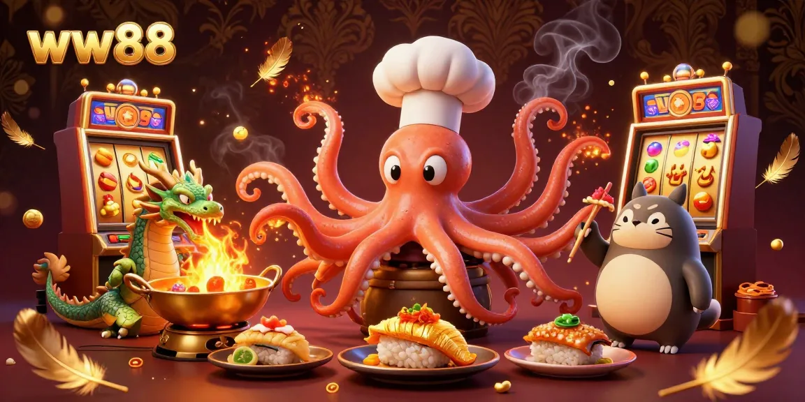 Experience thrilling moments at ww88 as a colorful tanuki watches a chef octopus serve gold dishes and a dragon breathes fire.