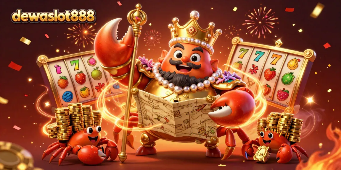 dewataslot888 menampilkan kemenangannya di slot gacor dengan karakter krab emas dan hiasan menarik.