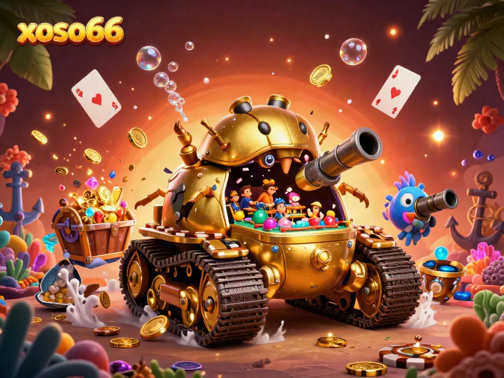 Engage in thrilling games at xoso66's vibrant casino, featuring golden characters and underwater treasures.
