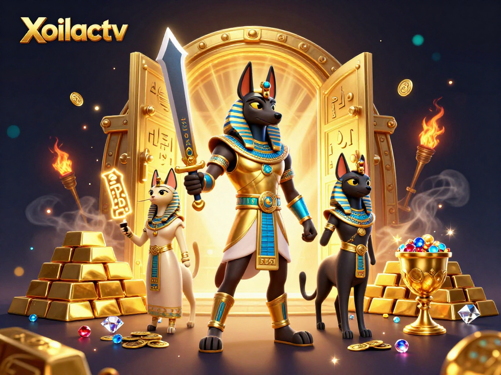 Xoilactv showcases an ancient Egyptian warrior and a cat amidst gold treasure, symbolizing winning at online casinos.