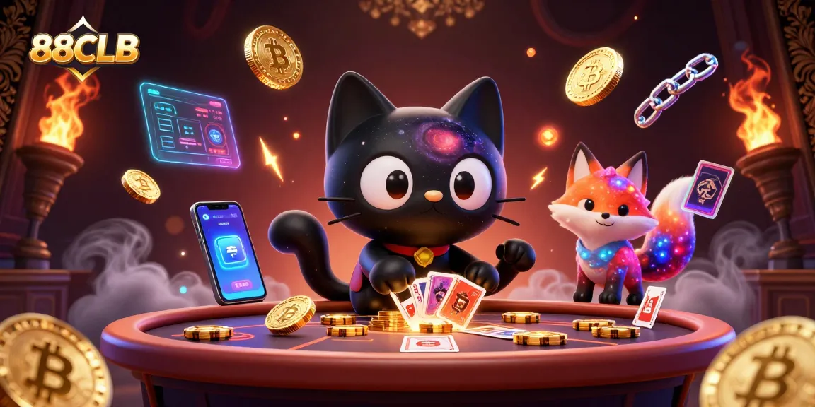 Bet on 88CLB with golden chips and cards pulled by a cosmic cat in a dynamic casino scene.