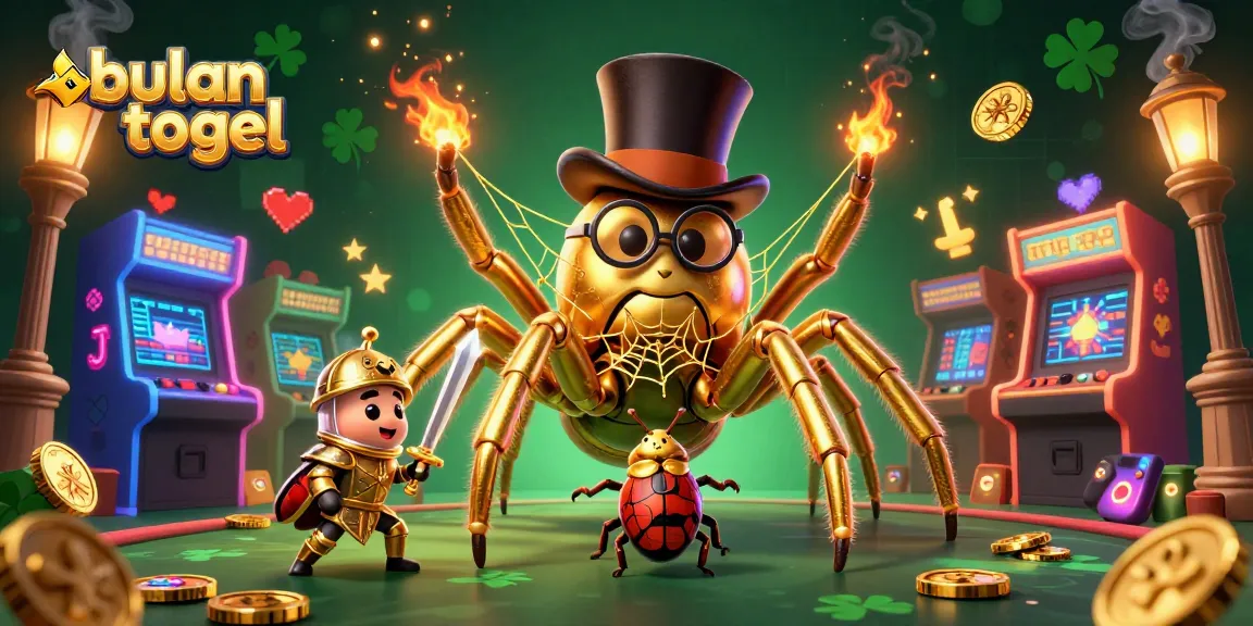 Bulan togel players strategize with golden tarantulas and beetle knights amid vibrant gaming elements.