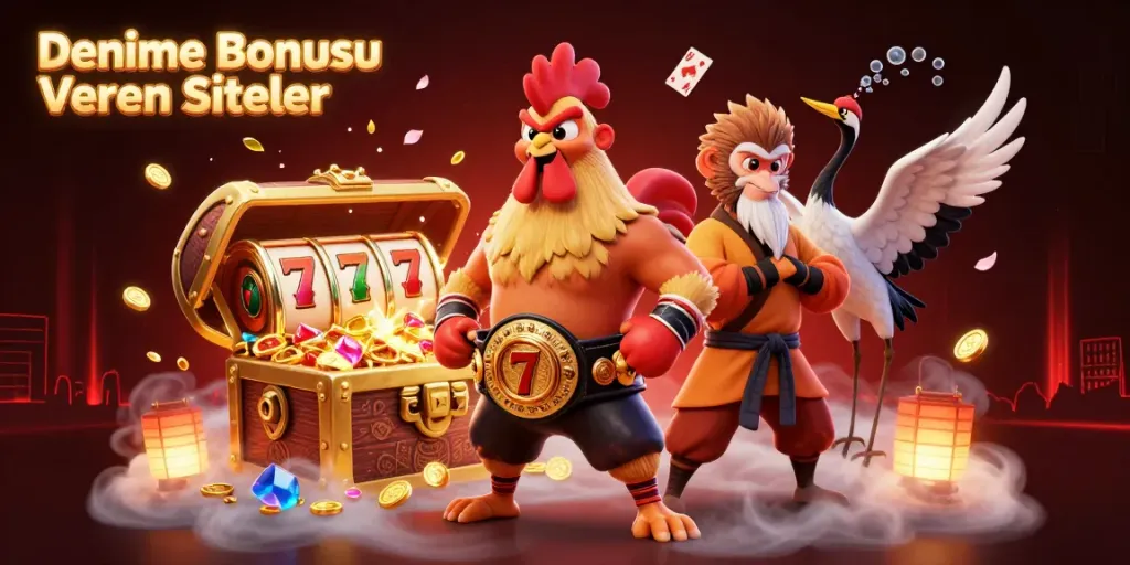 Engaging illustration of Deneme Bonusu Veren Siteler featuring a fierce rooster and monkey characters with dynamic casino elements.