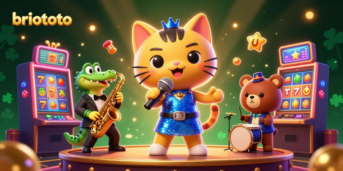 Briototo's lively casino scene showcases a jazz singer cat, crocodile, and bear featuring vibrant slot machines and exciting game elements.