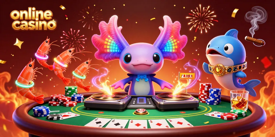 Experience vibrant excitement at this online casino scene featuring a DJ axolotl and poker elements.