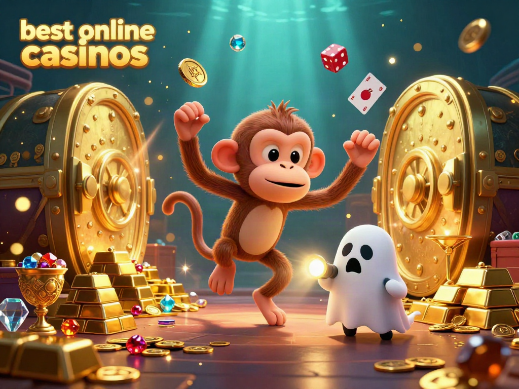Experience the thrill of best online casinos with a playful ghost monkey and an adventurous puppy in a vibrant casino.