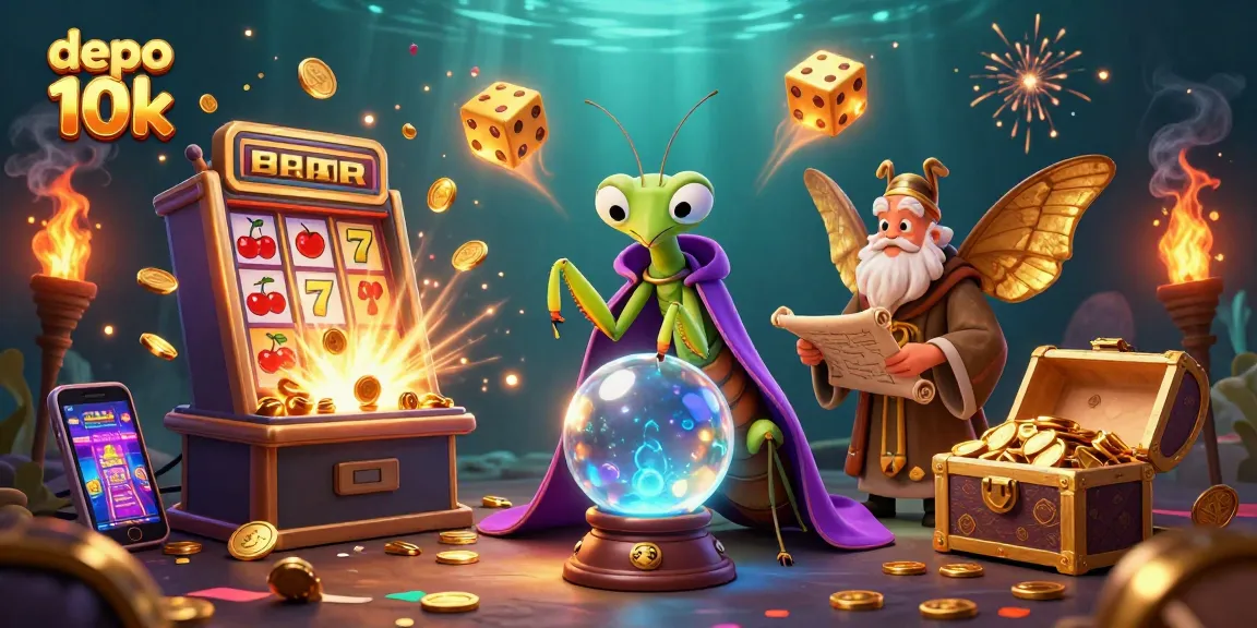 Experience thrilling gameplay at depo 10k with a dynamic scene featuring coins, slot machines, and vibrant casino elements.