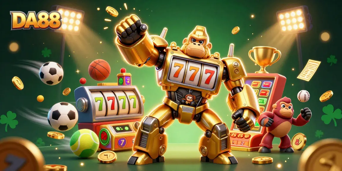 DA88 engages players with an energetic 3D casino scene featuring a golden gorilla mech and dynamic sports elements.