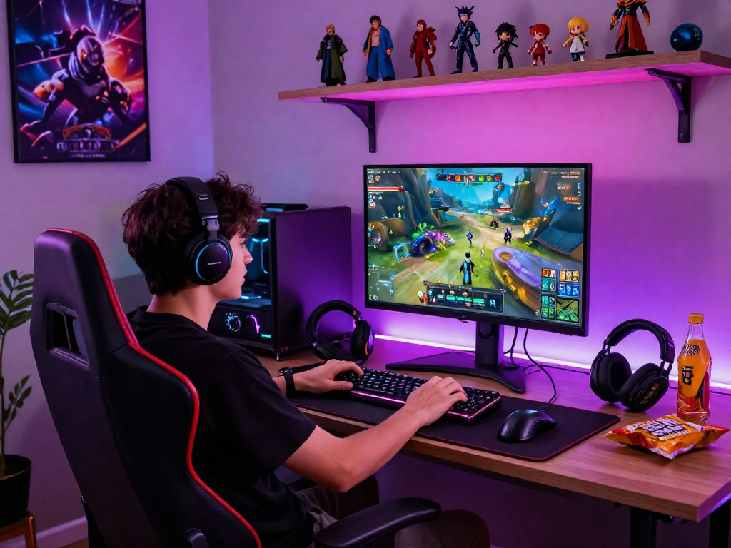 Gaming enthusiast at their vibrant gaming setup, showcasing mpocash.blog and an immersive gaming environment.