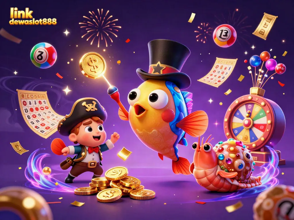Menggoda keberuntungan dengan link dewataslot888 di ilustrasi 3D ikan pemancing dengan pesona, udang bajak laut, dan siput berisi harta.