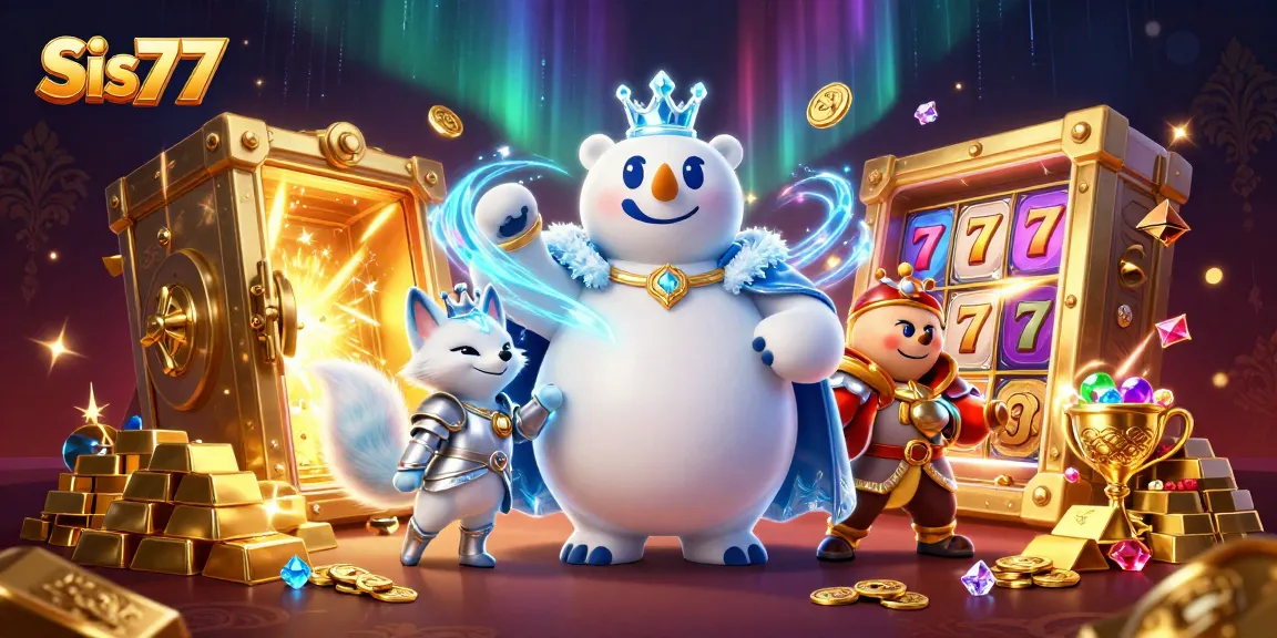 Menangkan permainan slot Sis77 dengan raja beruang kutub dan rubi berkilauan dalam ilustrasi kasino yang memukau.