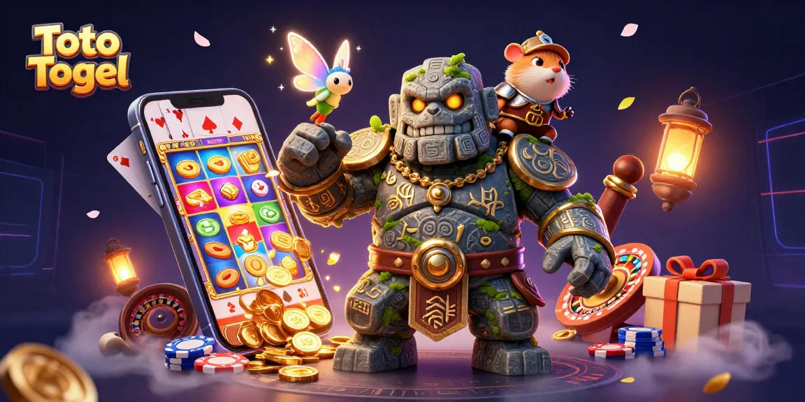 Toto Togel menghadirkan ilustrasi 3D menakjubkan dengan karakter golem kuno yang hidup, peri, dan ksatria hamster dalam suasana kasino.