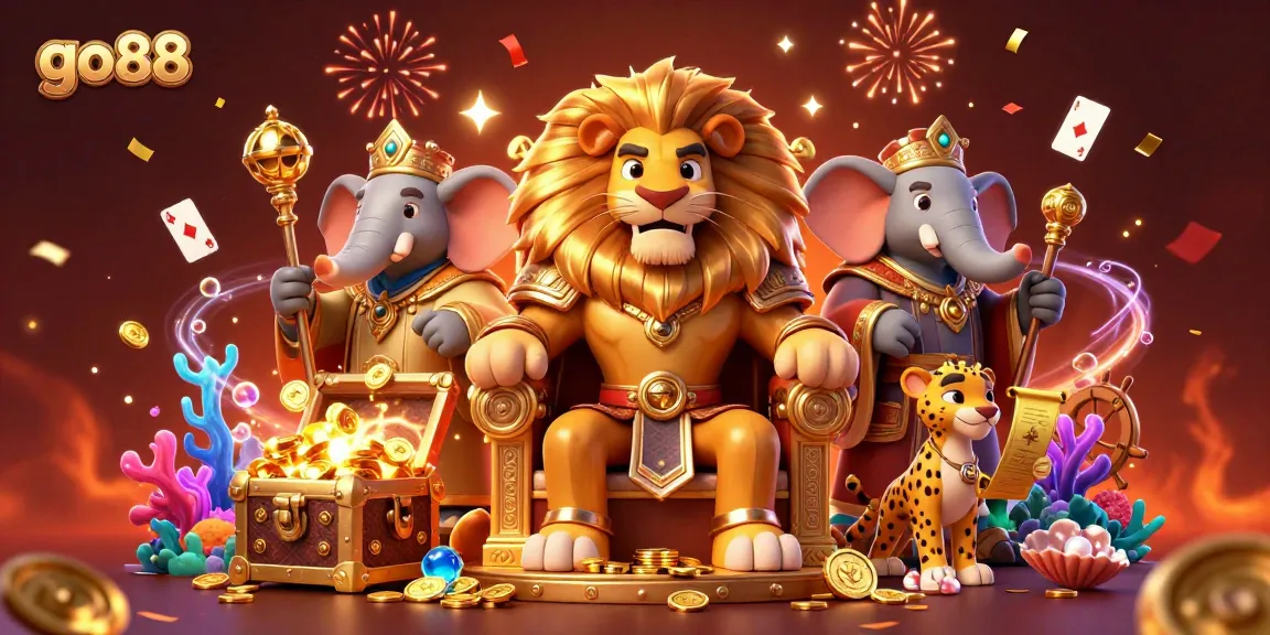 Experience thrilling wins at go88 with a vibrant illustration of majestic casino characters amidst dynamic gaming elements.