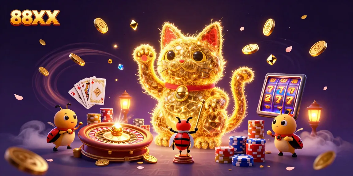 Experience thrilling wins with 88XX, as golden fireflies signal a vibrant casino atmosphere.