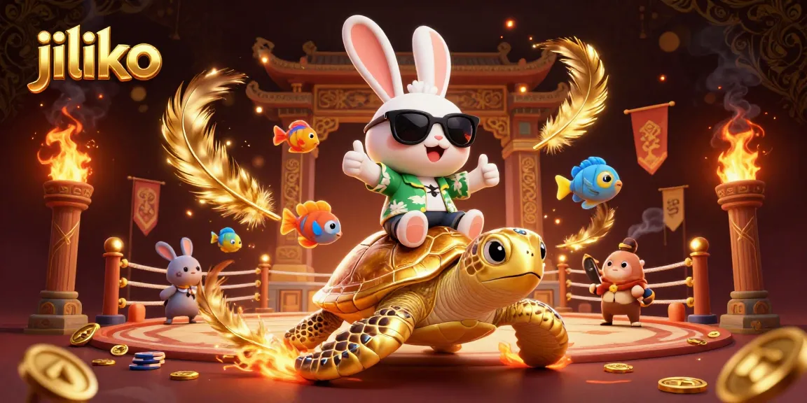 Experience jiliko's thrilling adventures with a lucky rabbit on a golden turtle in this vibrant casino scene.