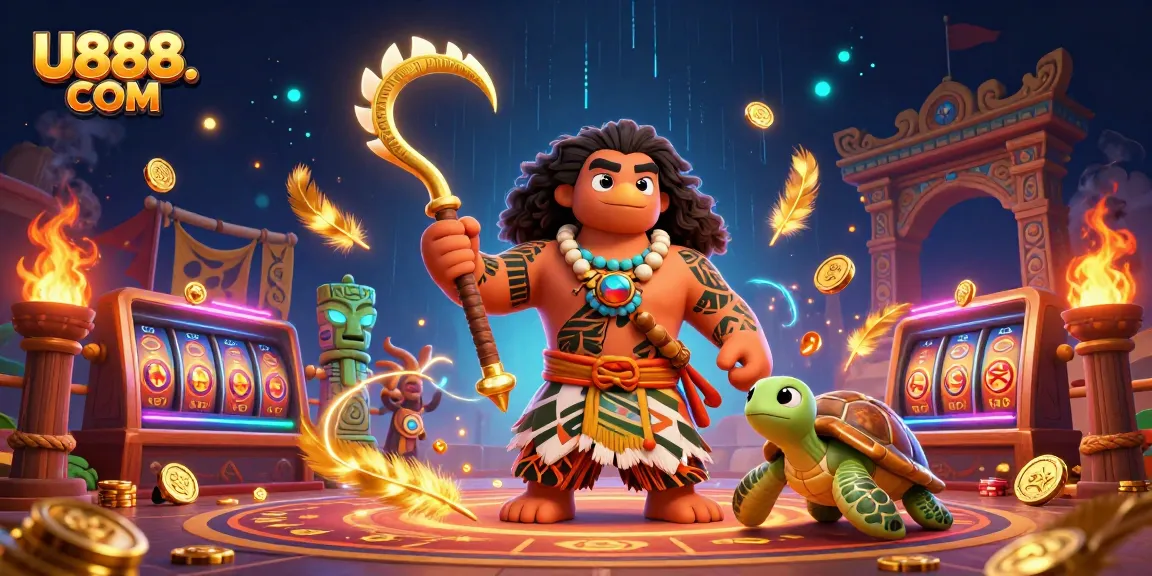 Engage with thrilling games at U888. COM, featuring vibrant casino elements, gold coins, and dynamic characters.