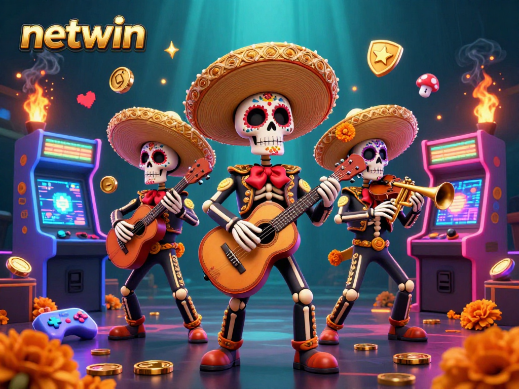 Experience fun with netwin's vibrant mariachi band playing in a colorful casino-themed arcade.