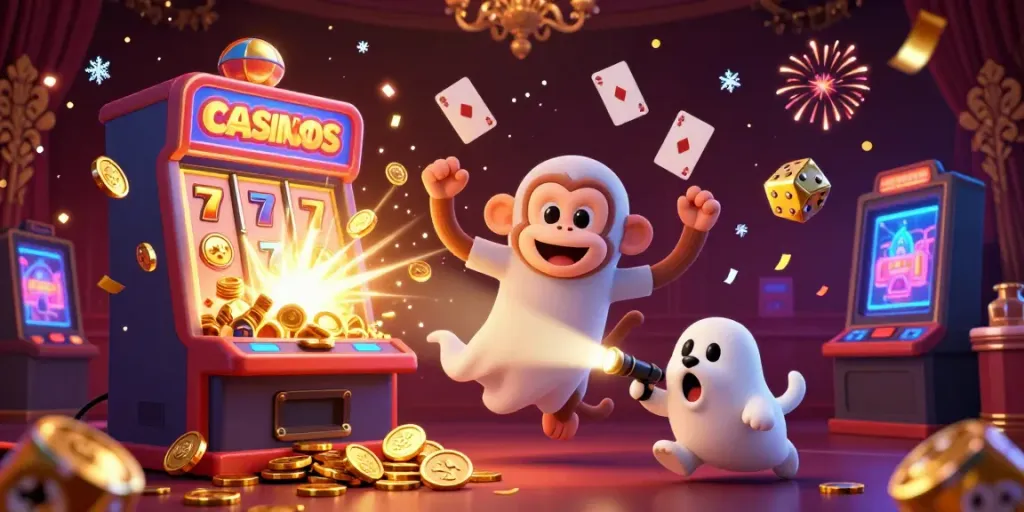 Casino online vibrante con un mono poltergeist y un cachorro cazador en busca de diversión.
