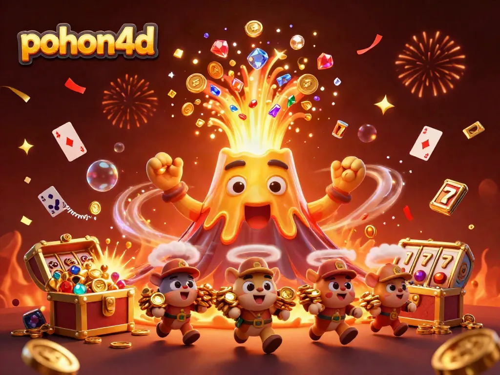 Pohon4d showcases a vibrant gaming adventure with a golden volcano erupting treasure while playing cards and slot reels surround, creating an engaging scene.