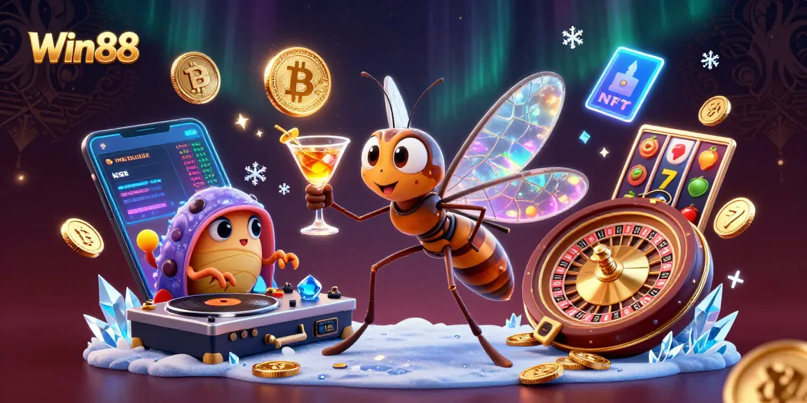 Join Win88's thrilling casino adventure with crypto elements and lively mascots in this vibrant scene.