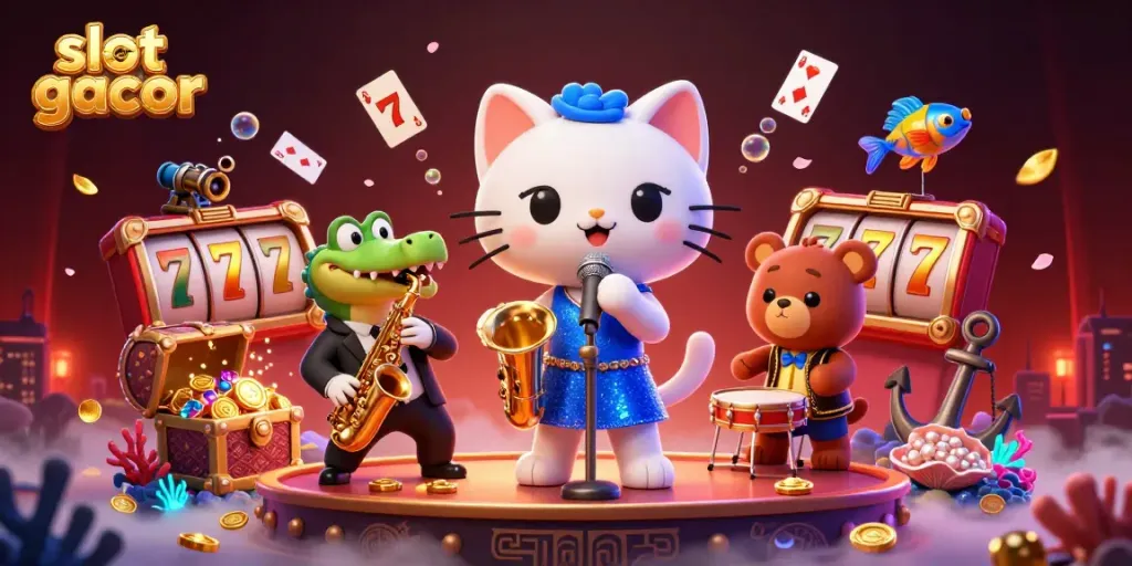 Experience slot gacor excitement with a vibrant jazz-themed casino scene featuring playful characters and dynamic game elements.