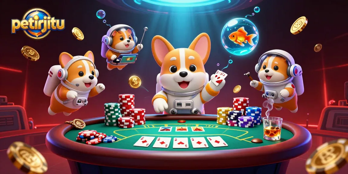 Petirjitu menghadirkan corgi astronot bermain poker di kasino luar angkasa penuh keseruan.