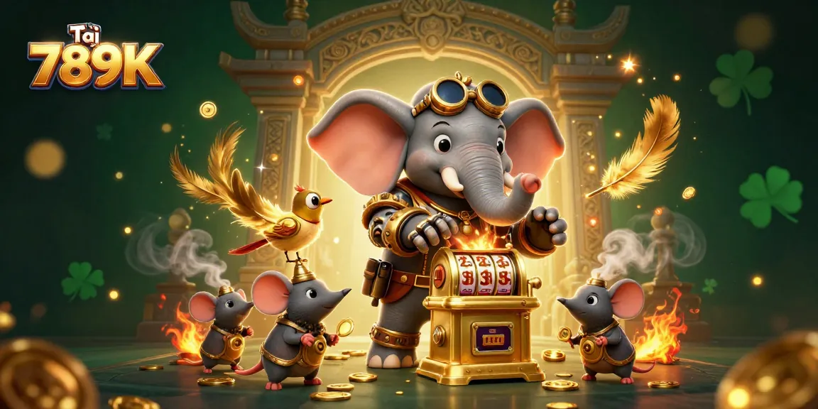 Tại 789K, watch the steampunk elephant engineer expertly spin the golden slot machine while surrounded by stunning gaming elements.