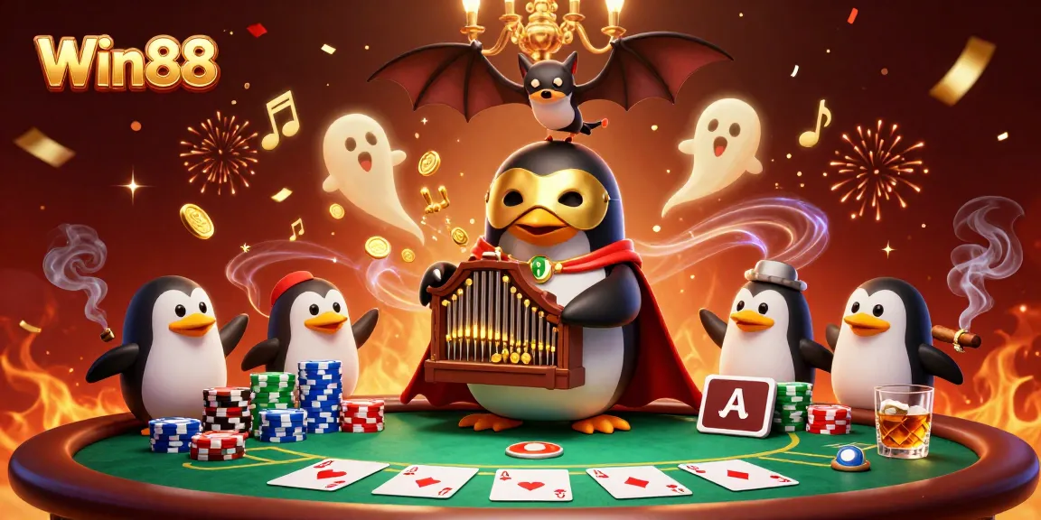 Win88 showcases an exciting casino scene with a penguin organist and bat acrobat.