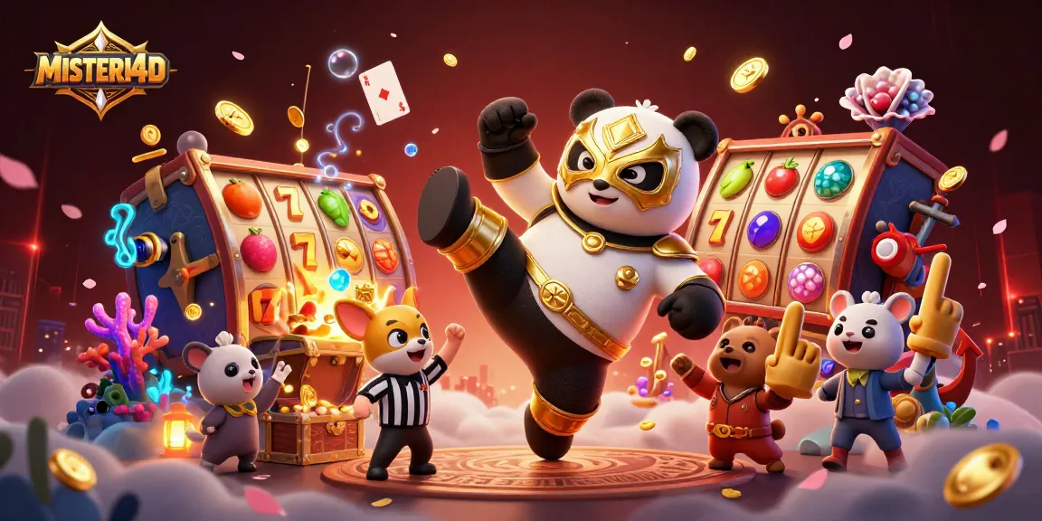 MISTERI4D showcases a dynamic scene of a panda wrestler and referee in a lively slot game setting.
