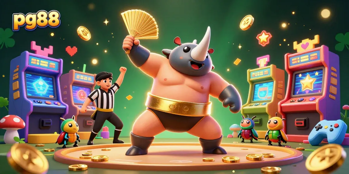 Experience the excitement of pg88 with a sumo beetle champion amidst golden coins and gaming machines.