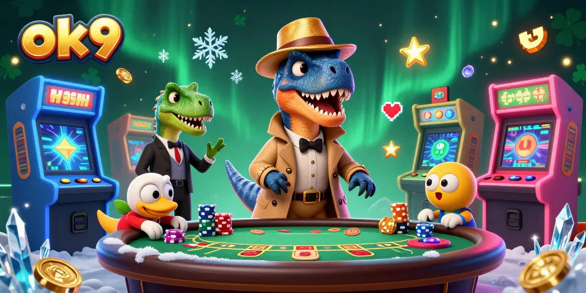 Experience thrilling gaming adventures with ok9 as the velociraptor card counter interacts in a vibrant casino atmosphere.