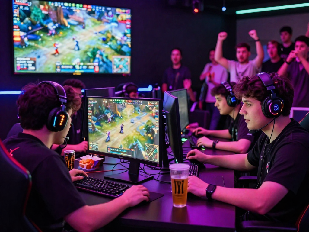 Gamers competing intensely in an esports arena, highlighting FairPlay's thrilling environment.