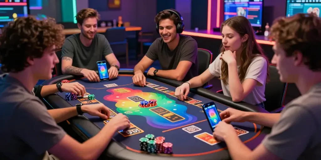 Friends strategizing their bets on unsurtoto in a modern gaming lounge.
