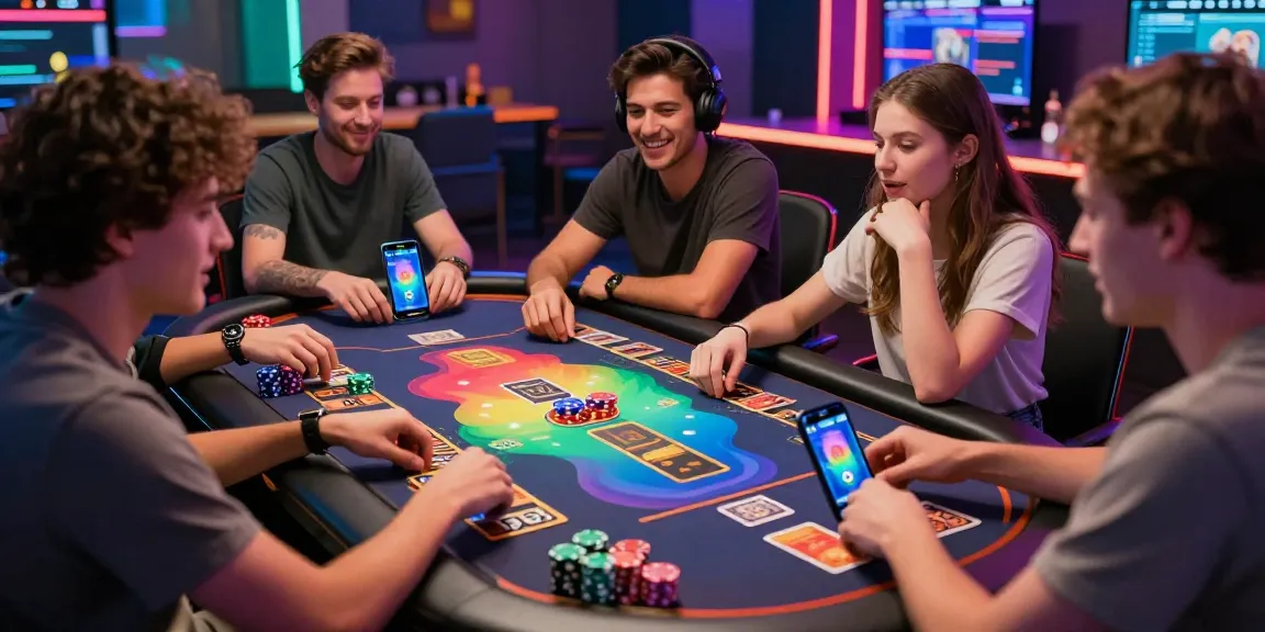 Friends strategizing their bets on unsurtoto in a modern gaming lounge.
