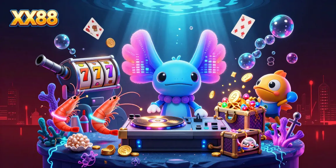 Experience the excitement of XX88 with a vibrant underwater casino scene featuring dynamic characters and gambling elements.