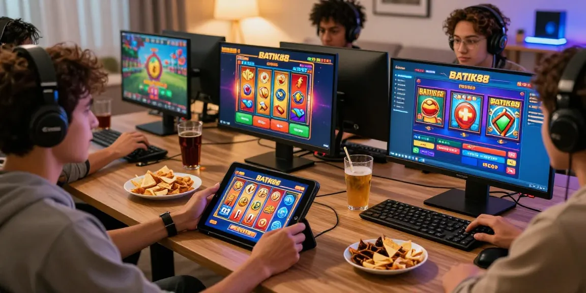 Pengguna bermain slot BATIK88 di tablet dengan suasana ruang tamu yang seru.