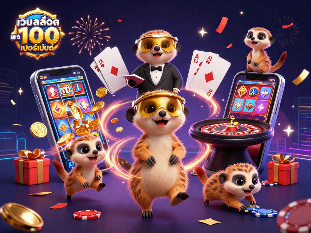 Experience the vibrant excitement as เว็บสล็อต แท้ 100 เปอร์เซ็นต์ comes to life with a colony of meerkats in an engaging casino scene.