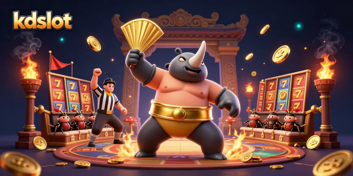 Experience the excitement of kdslot with a dynamic sumo beetle championship amidst a thrilling casino backdrop.