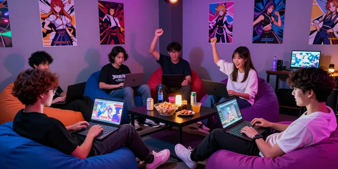 Excited friends playing gay ecchi game in vibrant gaming lounge.