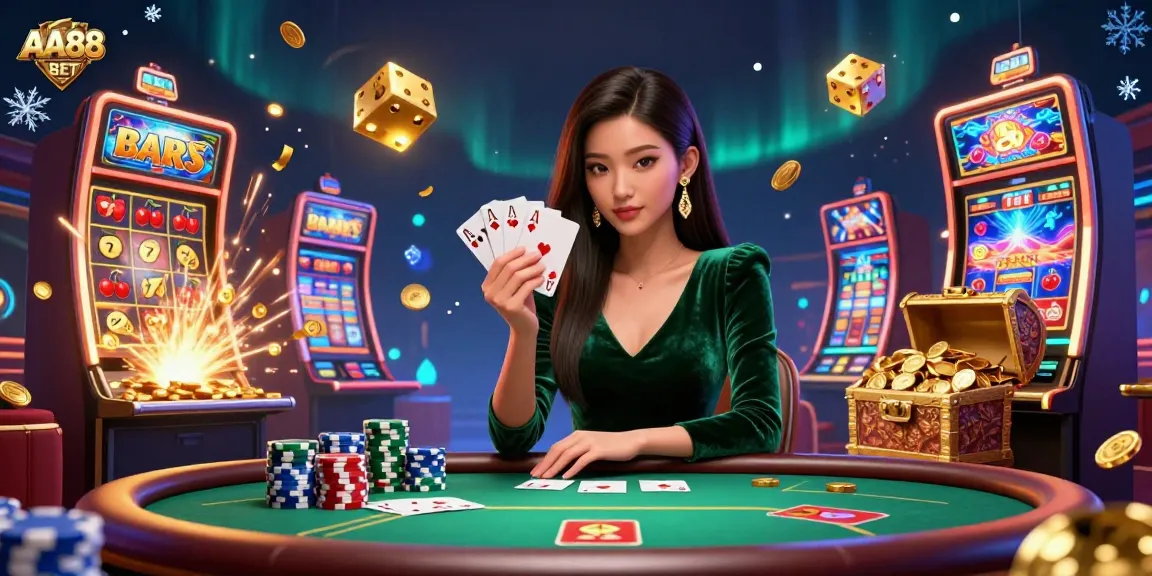 Experience the thrill of AA88 BET with a stunning casino scene showcasing an Asian woman playing poker.