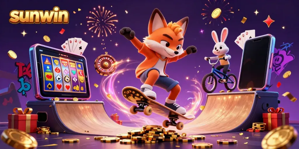 sunwin showcases vibrant 3D characters in a lively casino setting, embodying excitement and gaming fun.
