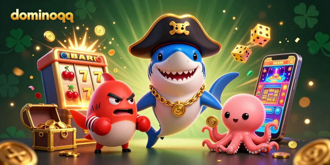 Play dominoqq with exciting characters, a pirate shark, and treasures in a vibrant casino scene.