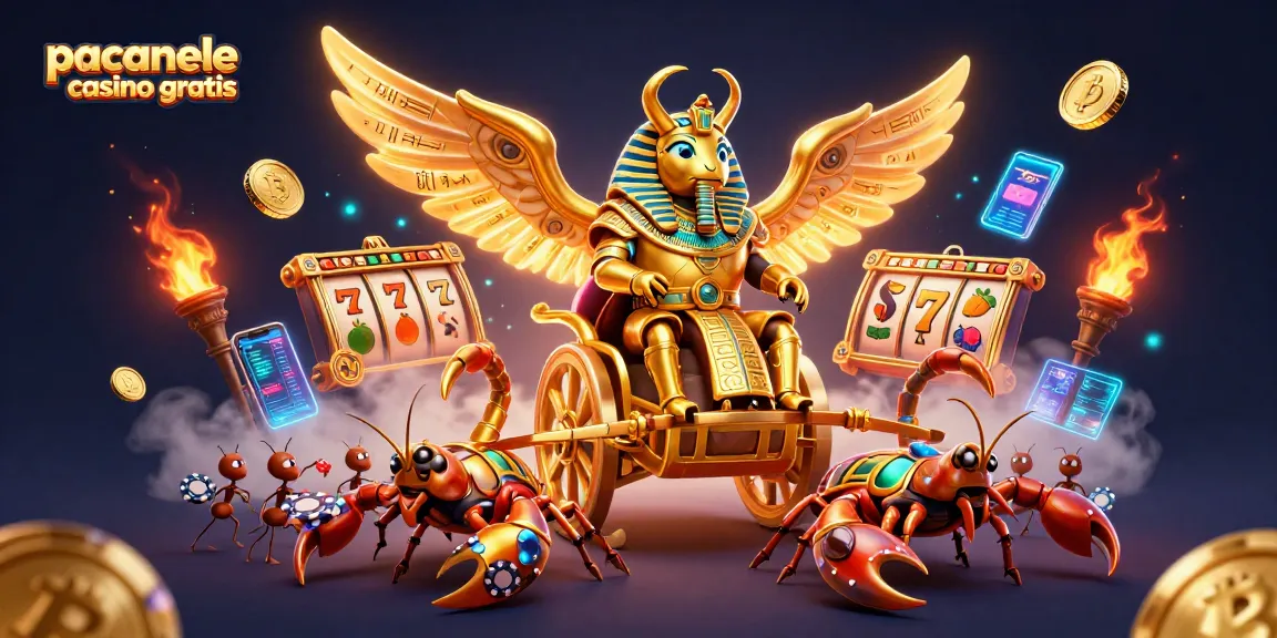 Joacă păcănele casino gratis cu păbughe aurii și simboluri vibrante într-o scenă dinamică și captivantă.