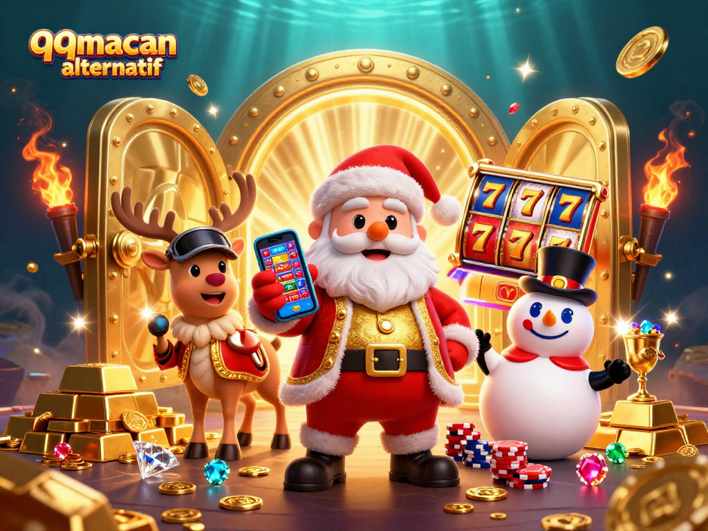 Engage with qqmacan alternatif as cartoon Santa, reindeer, and snowman celebrate jackpots in a vibrant casino.